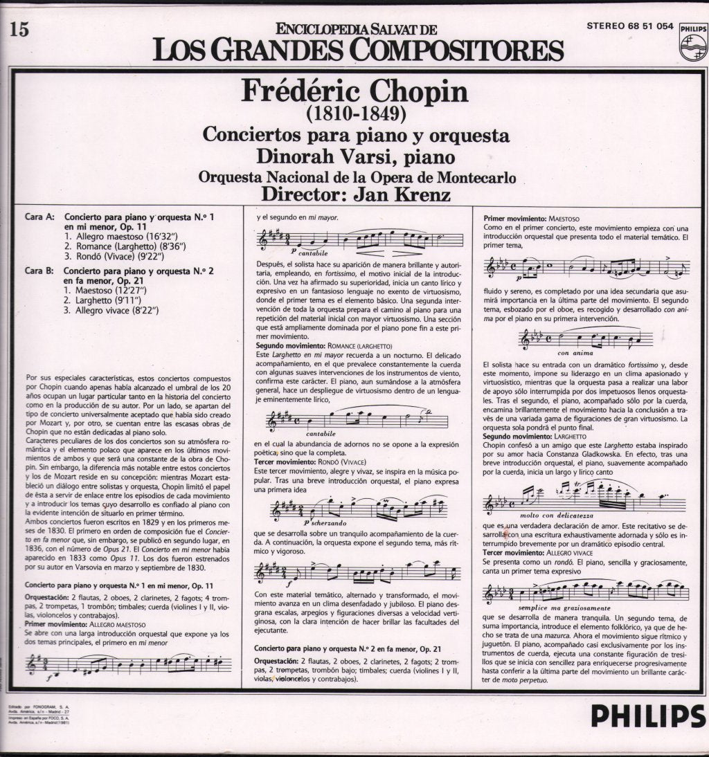 Dinorah Varsi / Jan Krenz / Orquesta Nacional De La Opera de Montecarlo - Frédéric Chopin - Conciertos Para Piano Y Orquesta - Lp