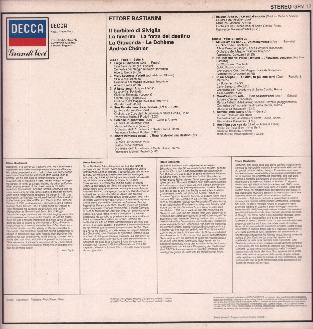Ettore Bastianini - Andrea Chenier Il Barbiere Di Siviglia La Favorita - Lp