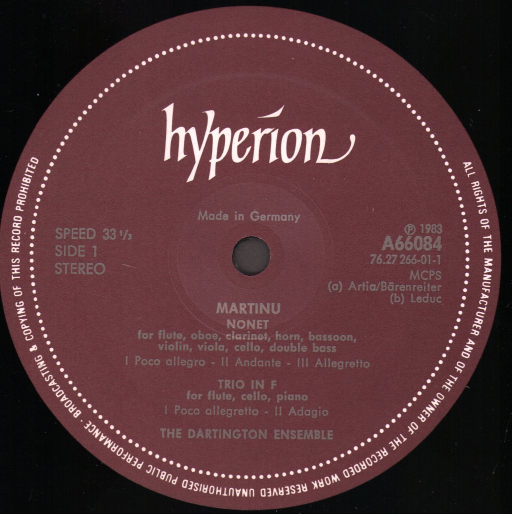Dartington Ensemble - Martinu - Nonet / Trio / La Revue De Cuisine - Lp