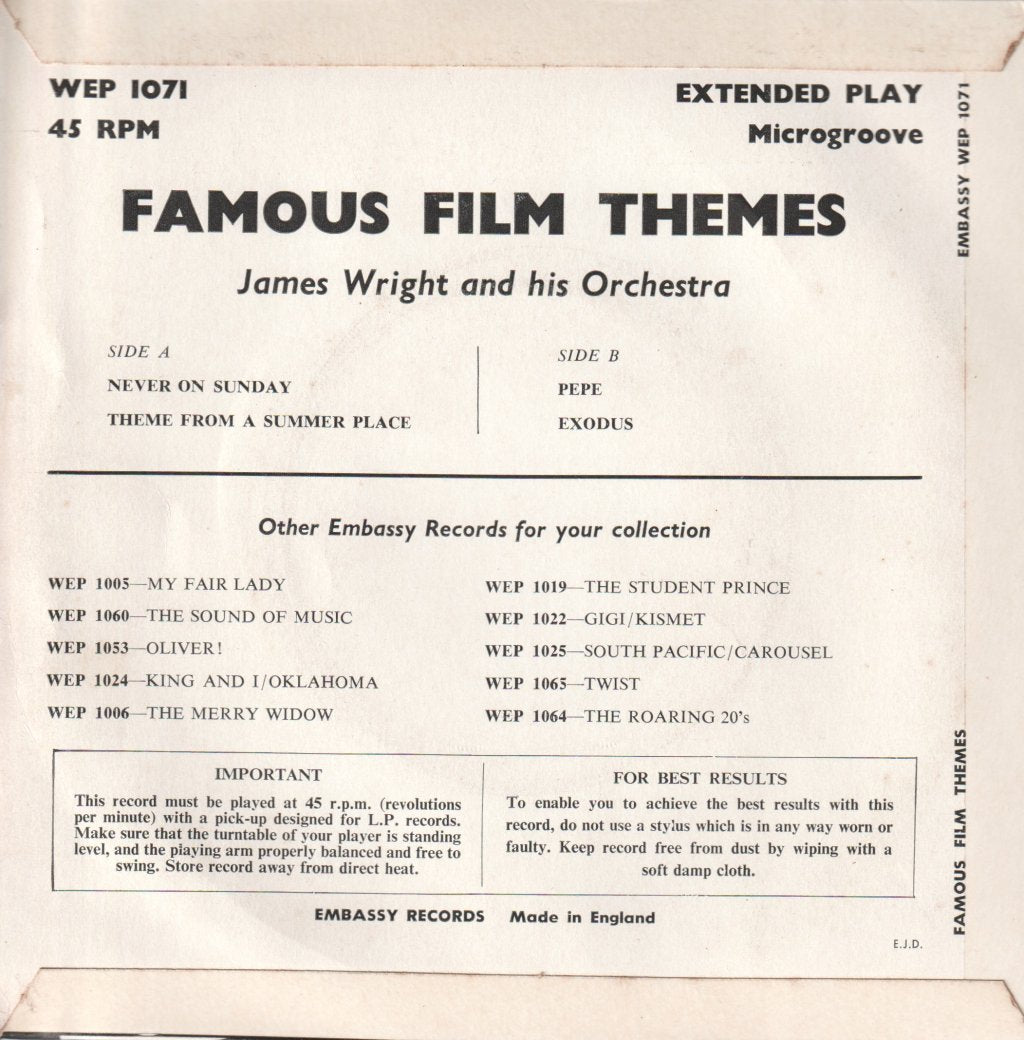 James Wright And His Orchestra - Famous Film Themes - 7 Inch