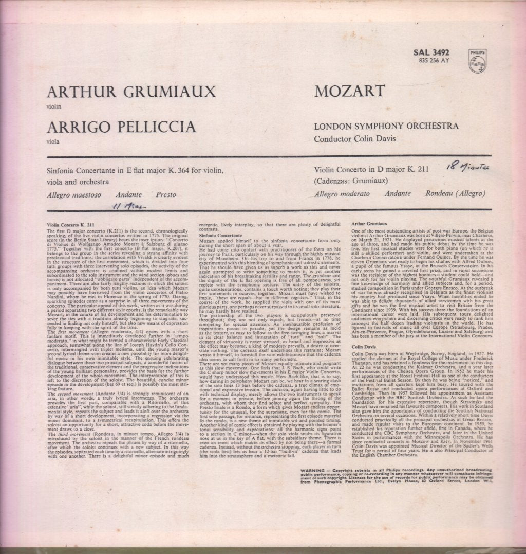 Arrigo Pelliccia - Arthur Grumiaux Violin Mozart Concerto K. 211 - Lp