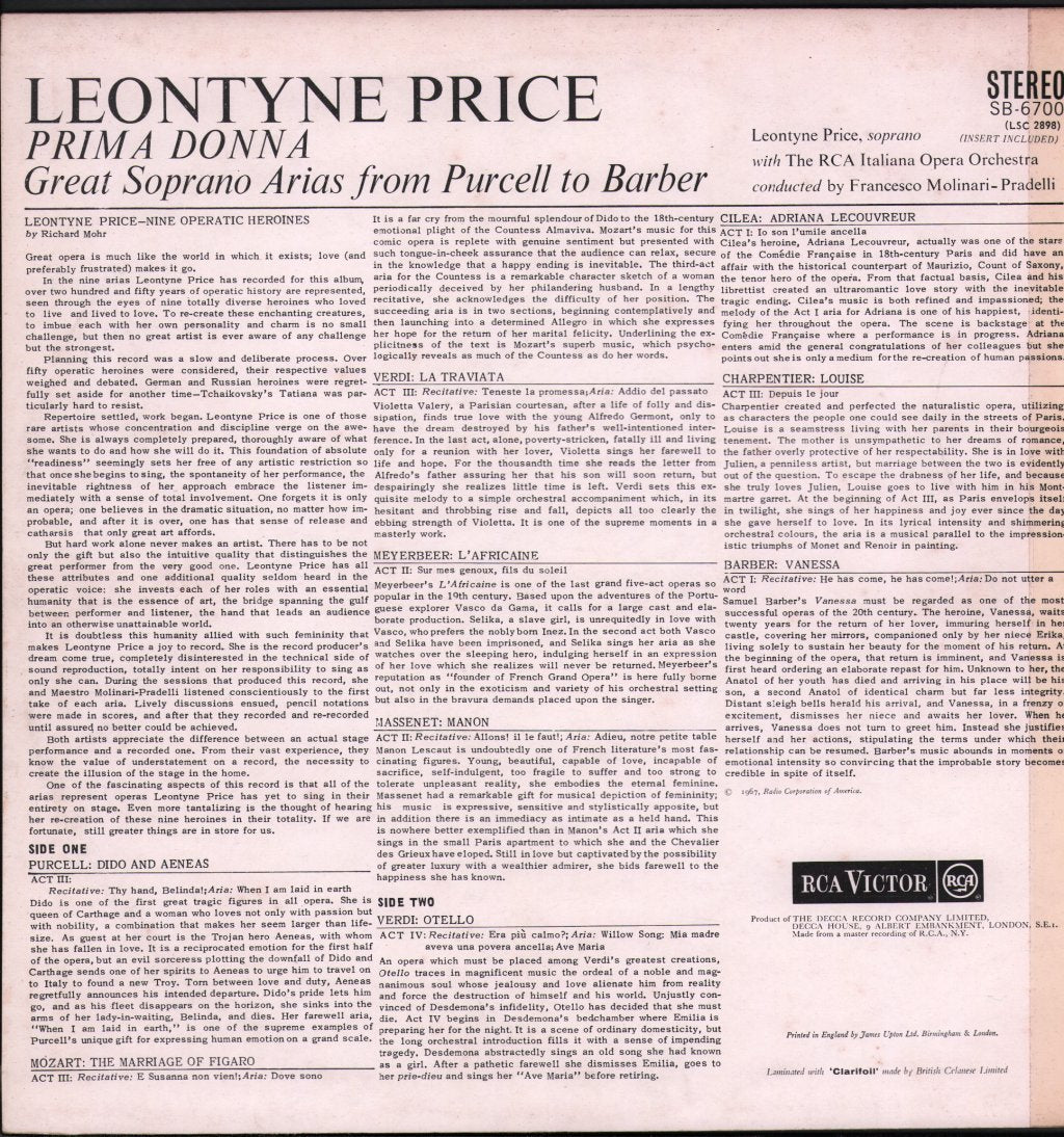 Leontyne Price - Prima Donna - Great Soprano Arias From Purcell To Barber - Lp