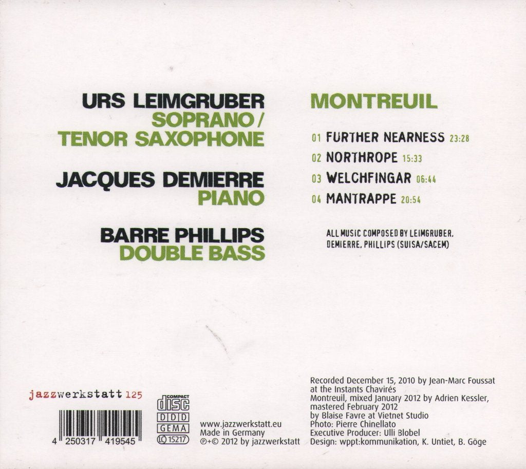Urs Leimgruber / Jacques Demierre / Barre Phillips - Montreuil - Cd