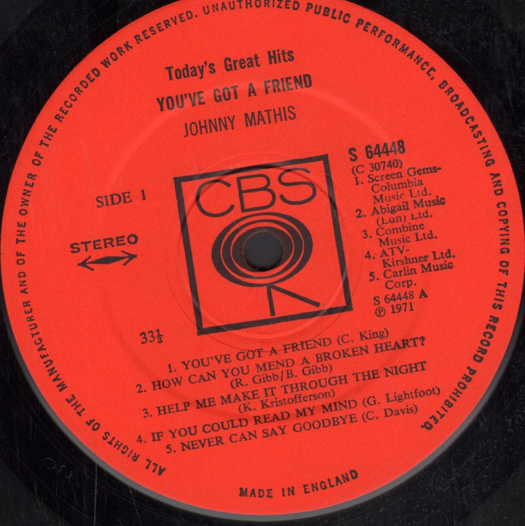 Johnny Mathis - You've Got A Friend Today's Great Hits - Lp