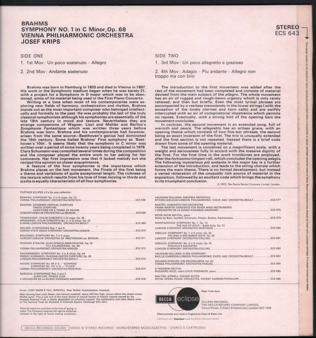 Josef Krips / Vienna Philharmonic Orchestra - Brahms - Symphony No.1 In C Minor, Op.68 - Lp