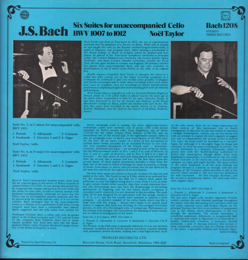 Noël Taylor - Bach Six Suites For Unaccompanied Cello BWV 1007 To 1012 part 3 - Lp