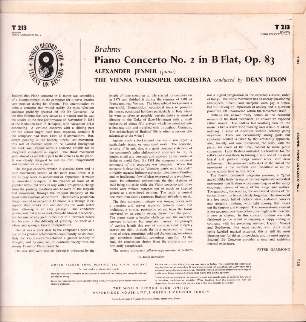 dean dixon - Conducts Brahms Piano Concerto No. 2 - Lp