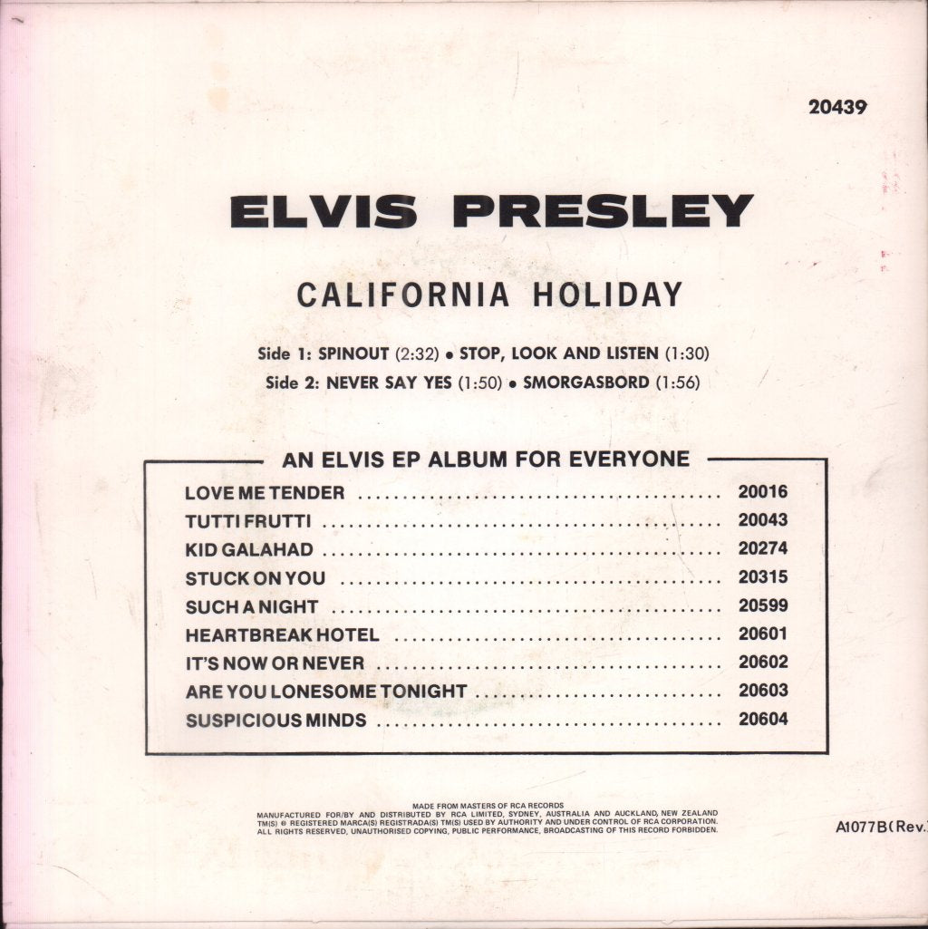 Elvis Presley With The Jordanaires - California Holiday - 7 Inch