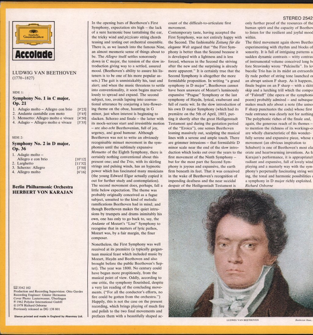 Herbert Von Karajan / Berlin Philharmonic Orchestra - Beethoven - Symphony No. 1 In C Major, Op. 21 / Symphony No. 2 In D Major, Op. 36 - Lp