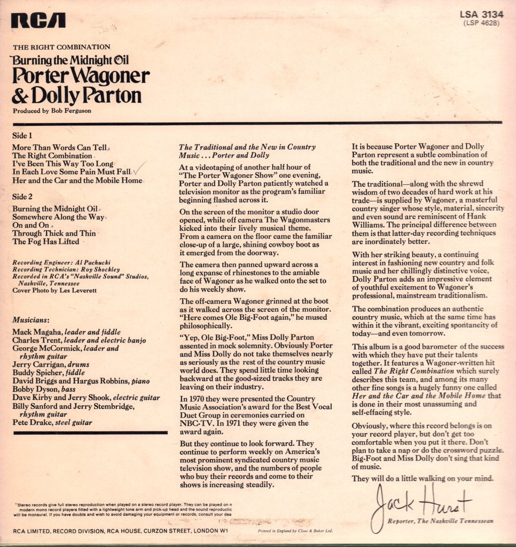 Porter Wagoner And Dolly Parton - Right Combination Burning The Midnight Oil - Lp