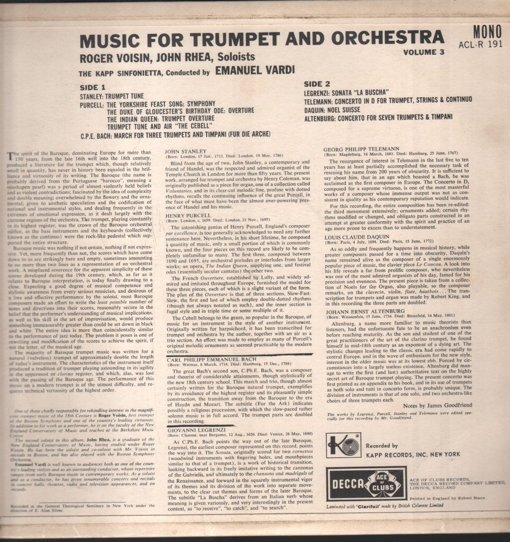 Roger Voisin / John Rhea / Emanuel Vardi / Kapp Sinfonietta - Music For Trumpet & Orchestra Vol.3 - Lp