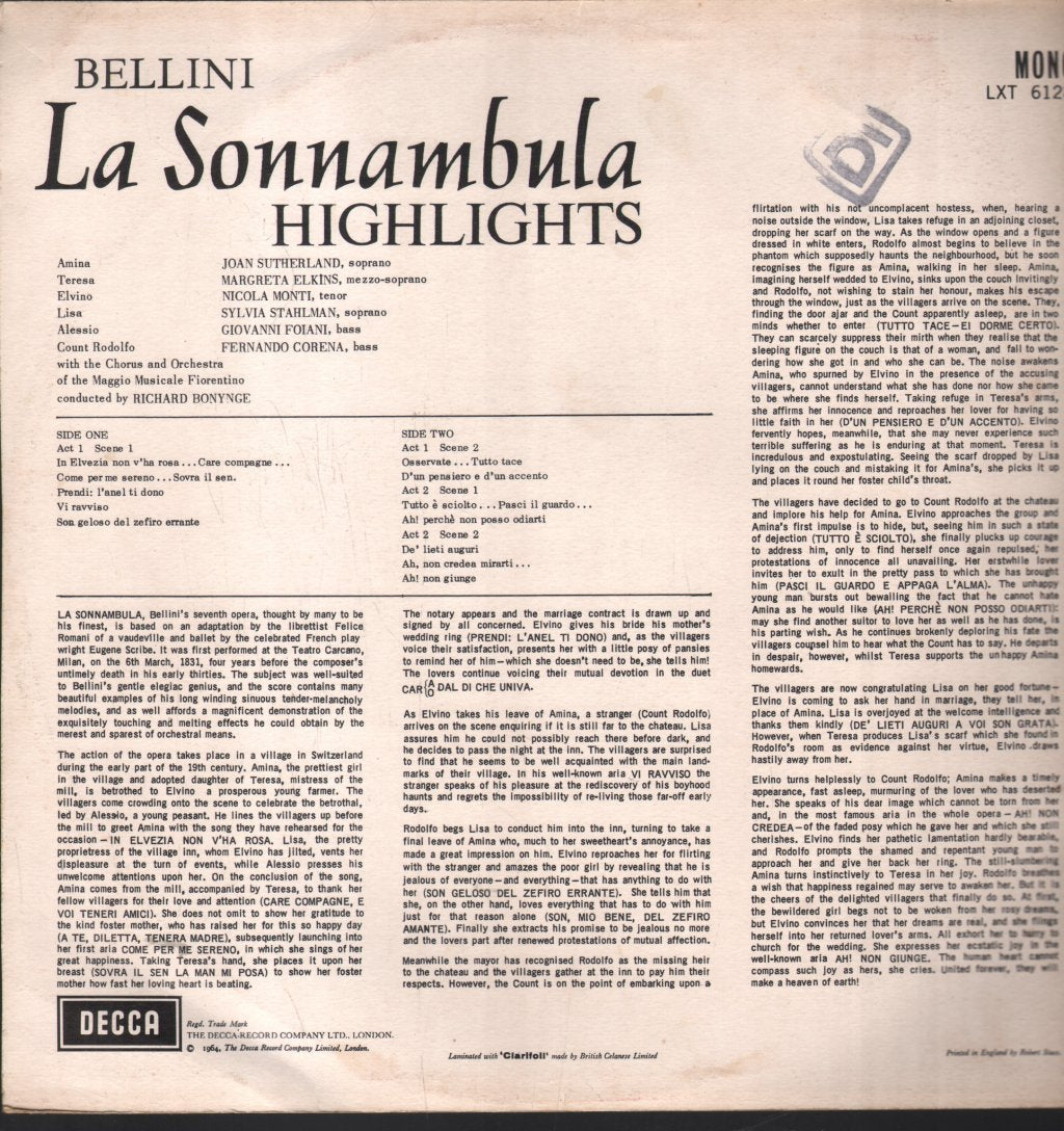 Joan Sutherland / Fernando Corena / Sylvia Stahlman / Richard Bonynge - Bellini - La Sonnambula Highlights - Lp