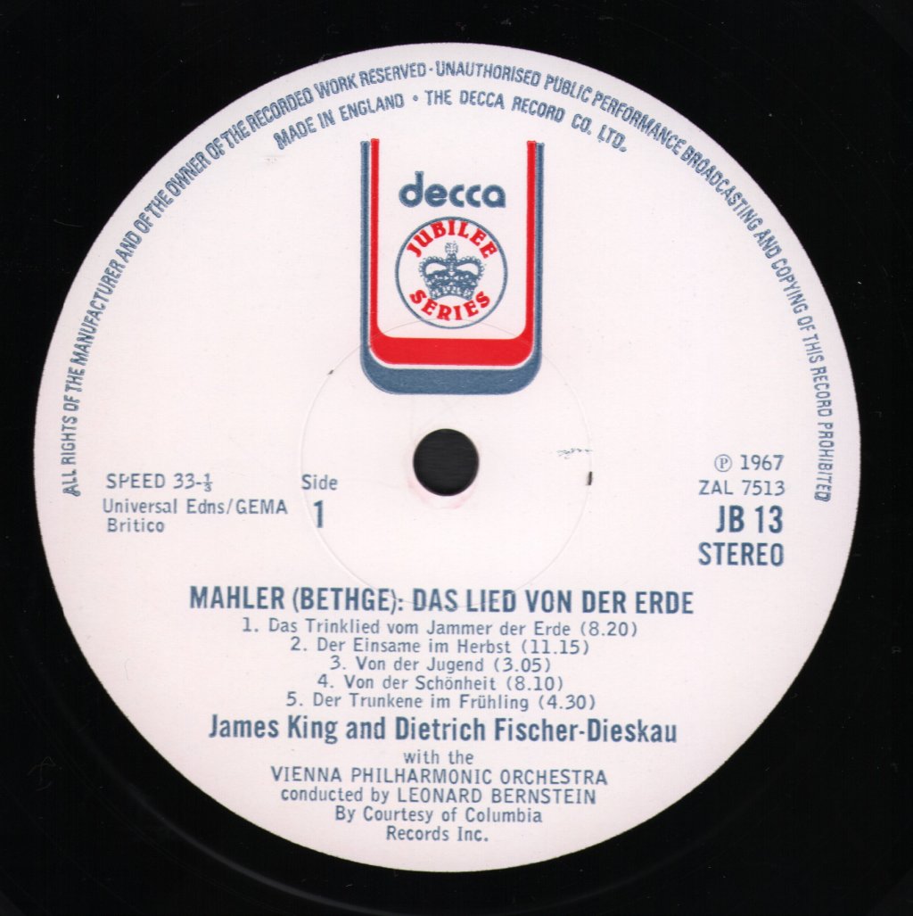 James King / Dietrich Fischer-Dieskau / Leonard Bernstein / Vienna / Wiener Philharmonic - Mahler - Das Lied Von Der Erde - Lp