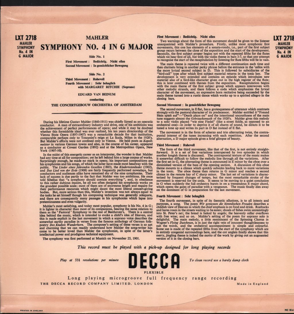 Eduard Van Beinum / Concertgebouw Orchestra Of Amsterdam With Margaret Ritchie - Mahler - Symphony No. 4 In G Major - Lp
