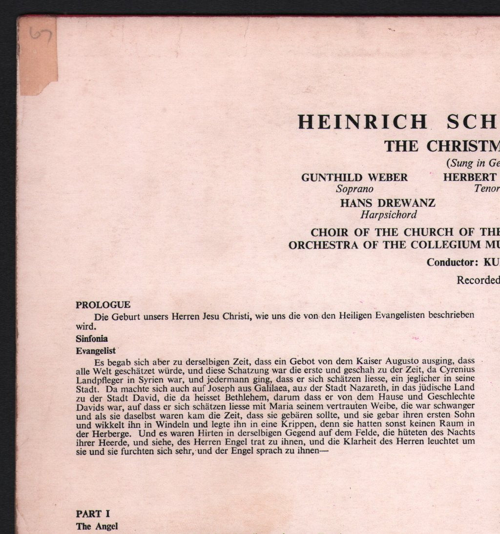 Orchestra of the Collegium Musicum / Kurt Thomas / Gunthild Weber / Herbert Hess / Paul Gummer - Heinrich Schutz - Christmas Story (Sung In German) - Lp