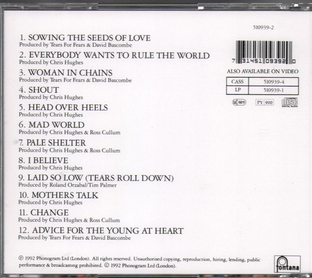 Tears For Fears - Tears Roll Down (Greatest Hits) - Cd