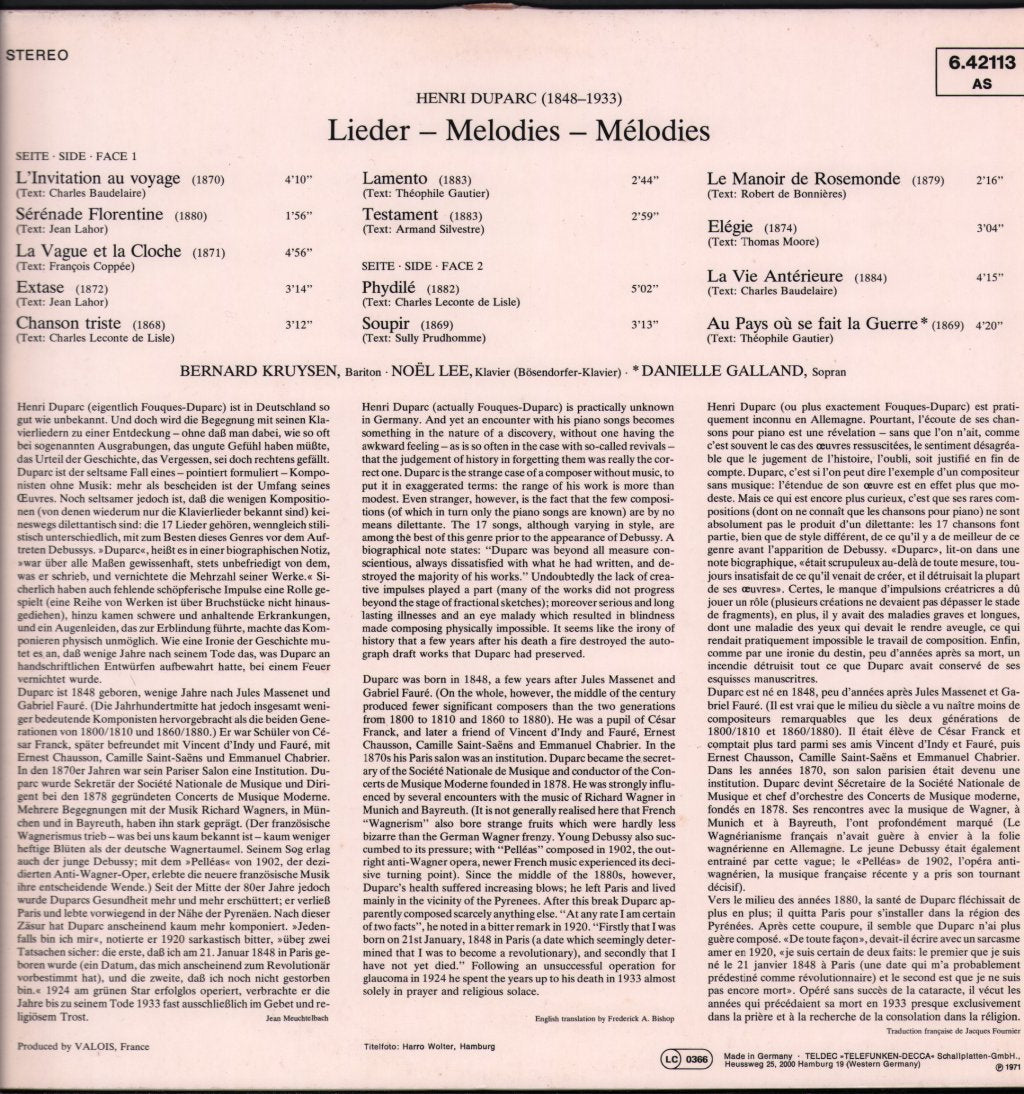 Bernard Kruysen / Noel Lee - Henri Duparc - Lieder Melodies - Lp