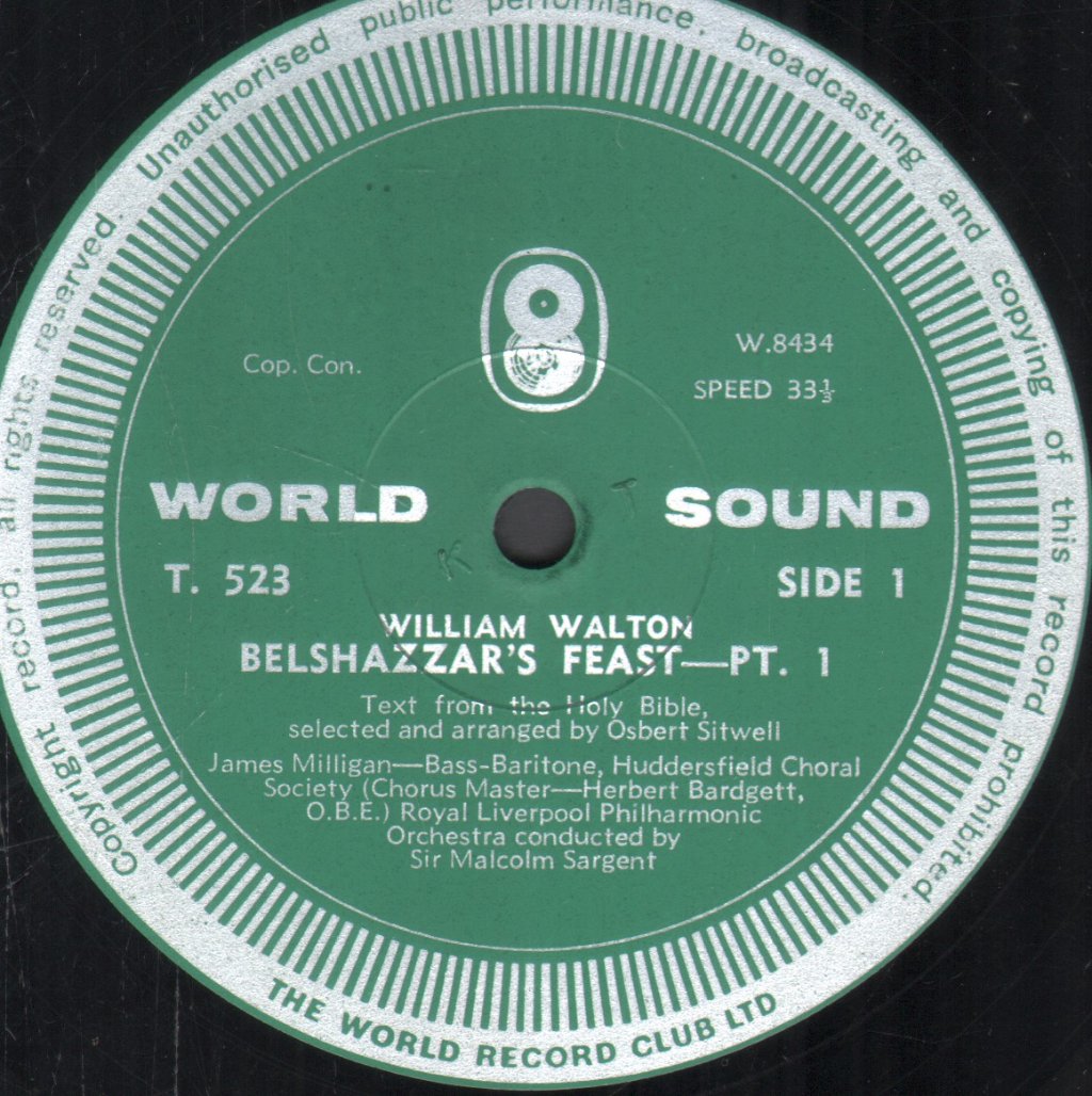 Sir Malcolm Sargent / Huddersfield Choral Society / James Milligan - Walton - Belshazzar's Feast - Lp