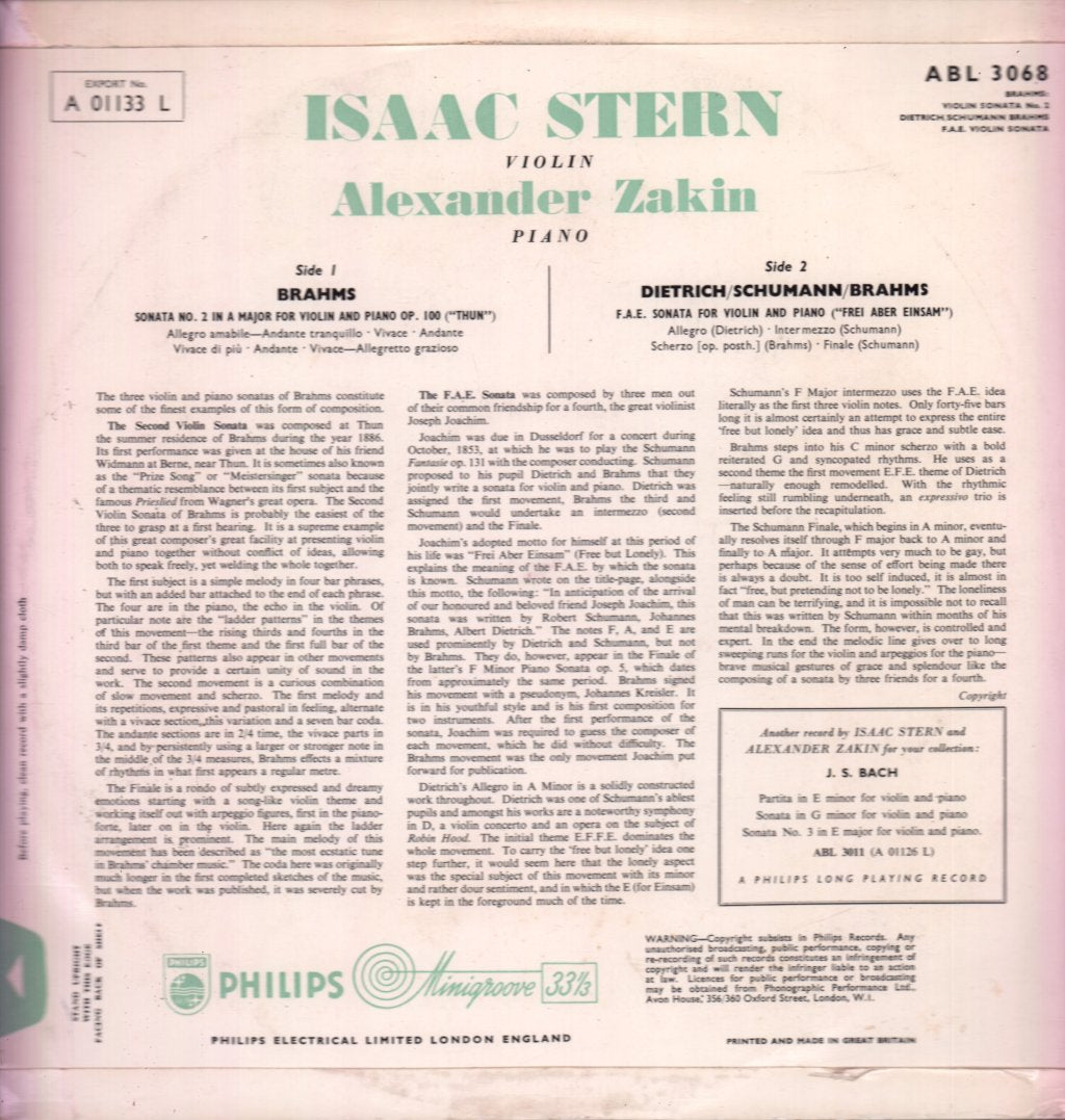 Isaac Stern - brahms Sonata No. 2 In A Major For Violin - Lp