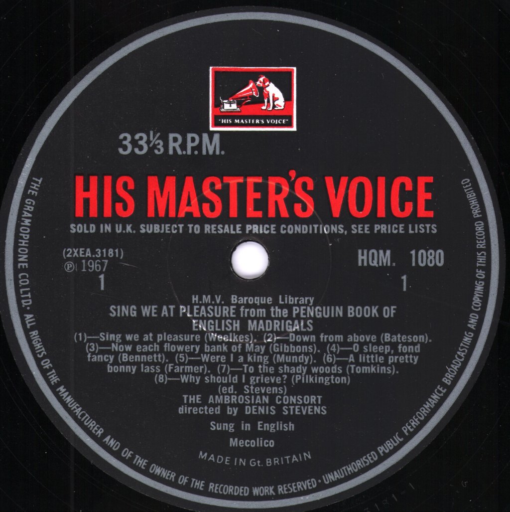 Ambrosian Consort / Denis Stevens - Sing We At Pleasure From The Penguin Book Of English Madrigals - Lp