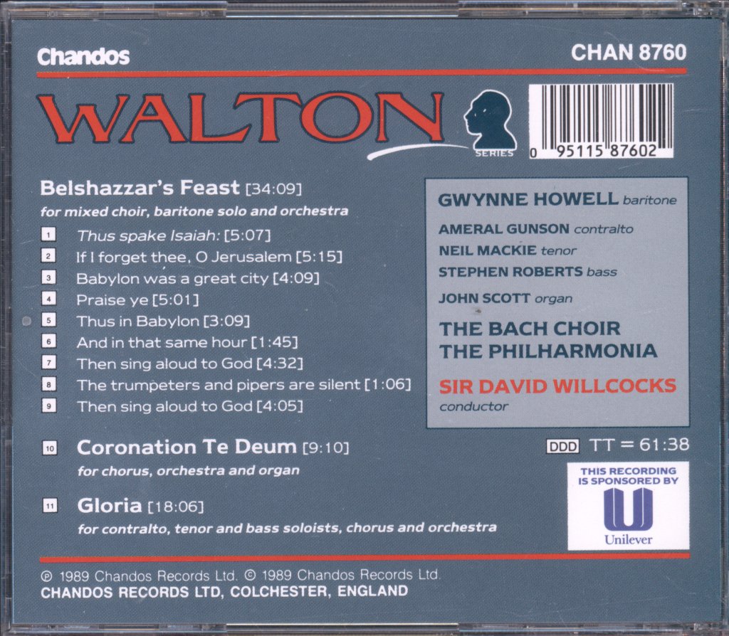 Bach Choir, The Philharmonia, Sir David Willcocks - Walton - Belshazzar's Feast - Coronation Te Deum - Gloria - Cd