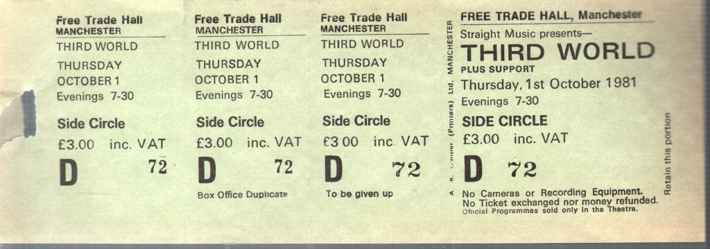Third World (Reggae) - Free Trade Hall Manchester 1St Oct 1981 - Ticket