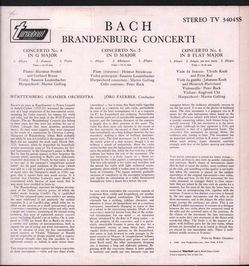 Susanne Lautenbacher / Martin Galling / Wurttemberg Chamber Orchestra - Bach - Brandenburg Concerti - Lp