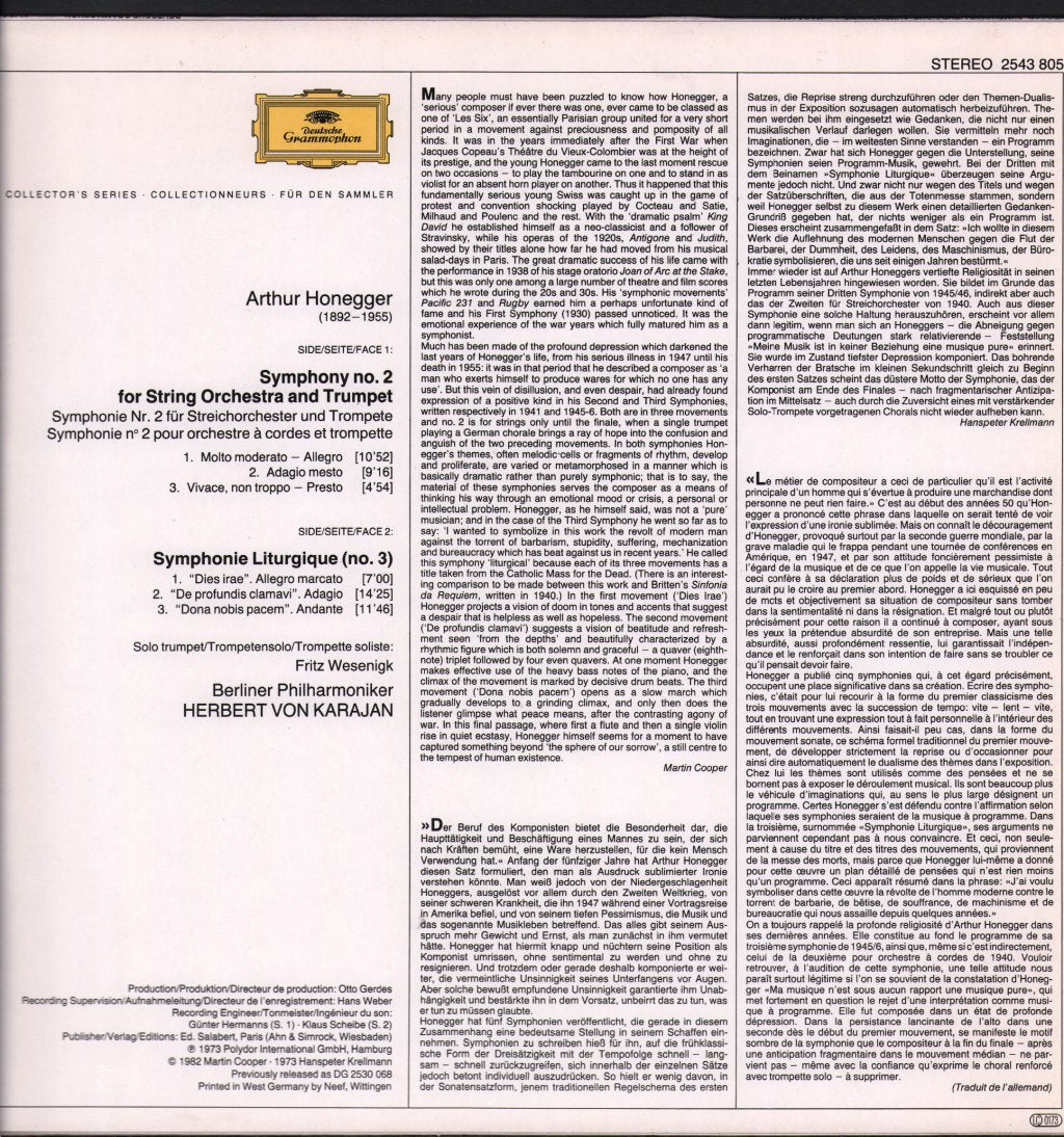 Herbert Von Karajan / Berliner Philharmoniker - Arthur Honegger - Symphonie Liturgique / Symphony No. 2 - Lp
