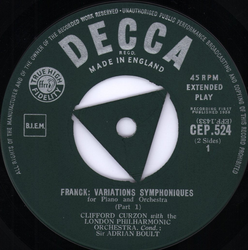 Clifford Curzon / Sir Adrian Boult / London Philharmonic Orchestra - Franck - Variations Symphoniques For Piano And Orchestra - 7 Inch