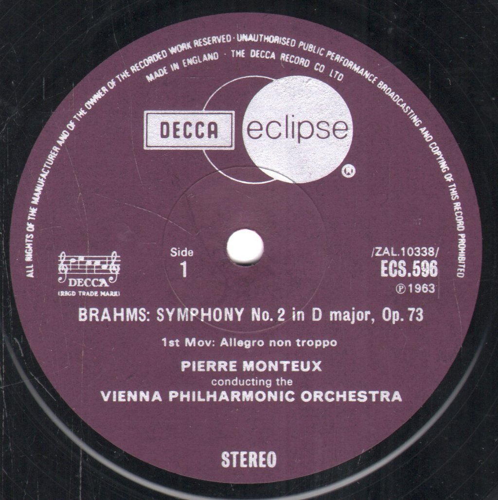 Pierre Monteux / Vienna Philharmonic Orchestra - Brahms - Symphony No. 2 In D, Op, 73 - Lp
