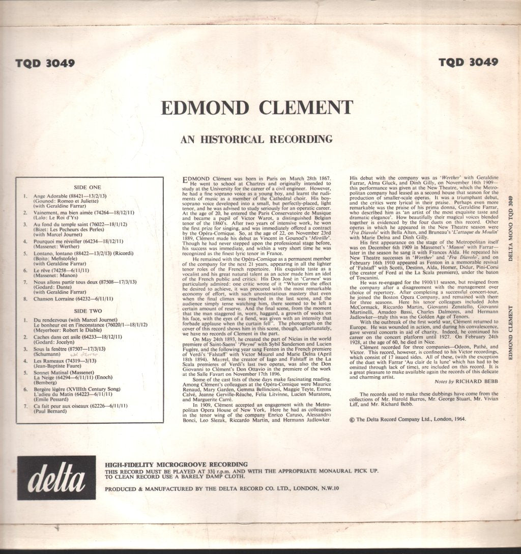 Edmond Clement - Edmond Clement, An Historical Recording - Lp