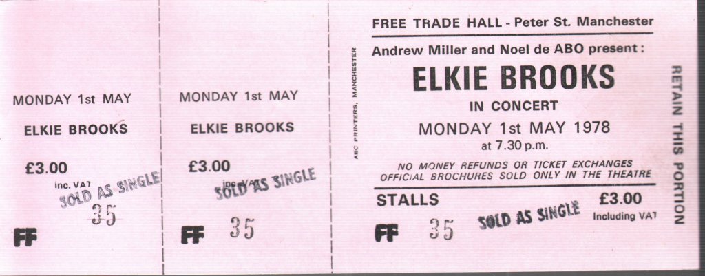 Elkie Brooks - Free Trade Hall Manchester 1St May 1978 - Ticket