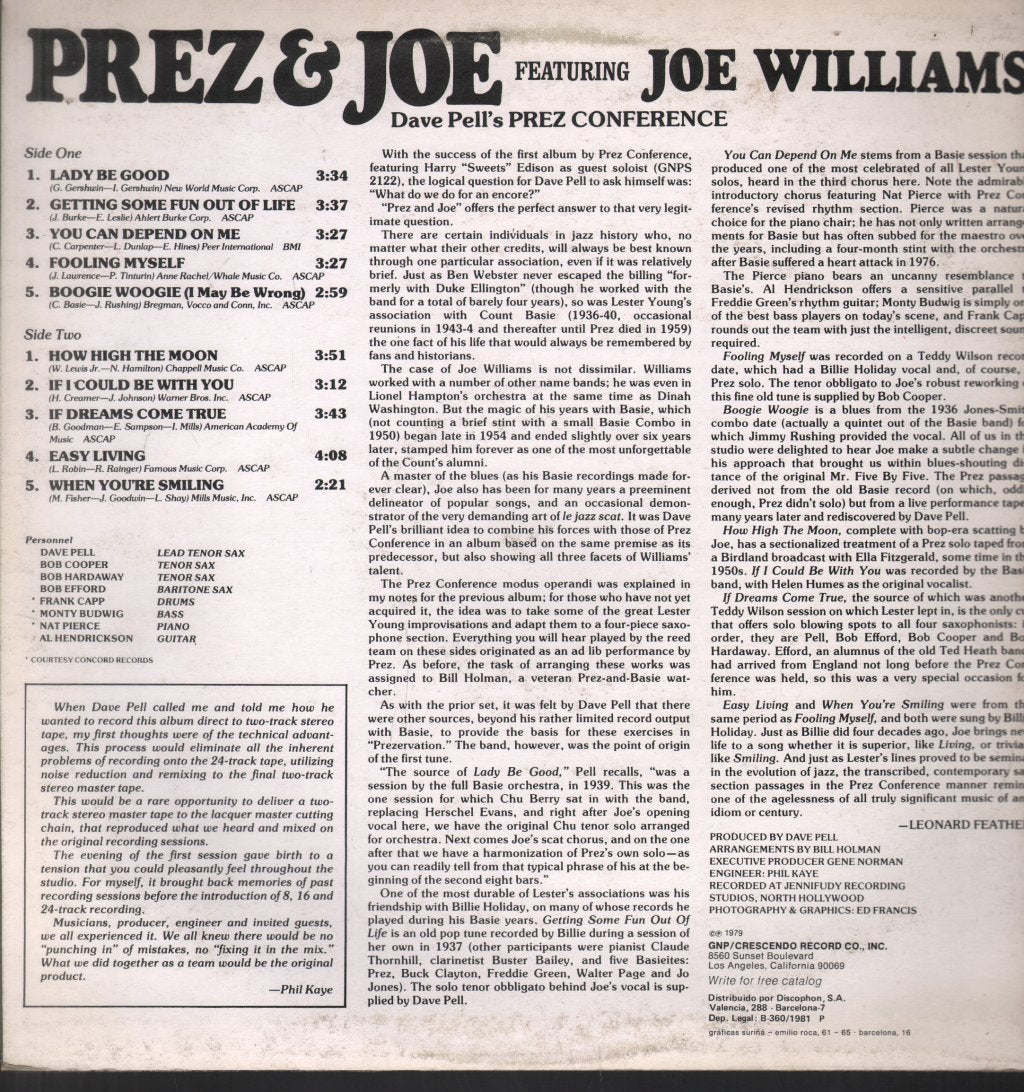 Dave Pell's Prez Conference - Prez & Joe - In Celebration Of Lester Young - Lp