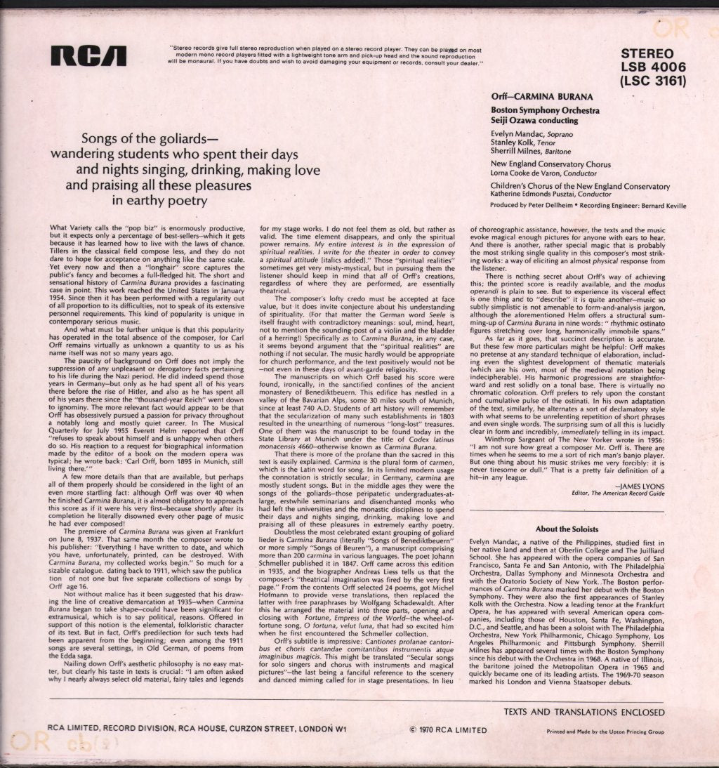 Seiji Ozawa / Boston Symphony Orchestra / Evelyn Mandac / Stanley Kolk / Sherrill Milnes - Carl Orff - Carmina Burana - Lp