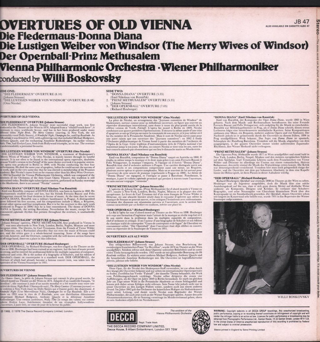 Willi Boskovsky / Vienna Philharmonic Orchestra - Overtures Of Old Vienna - Lp