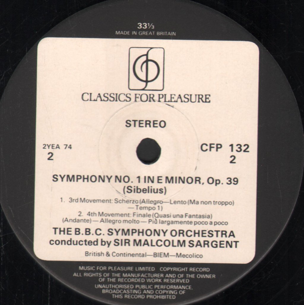 Sir Malcolm Sargent / BBC Symphony Orchestra - Sibelius - Symphony No.1 - Lp