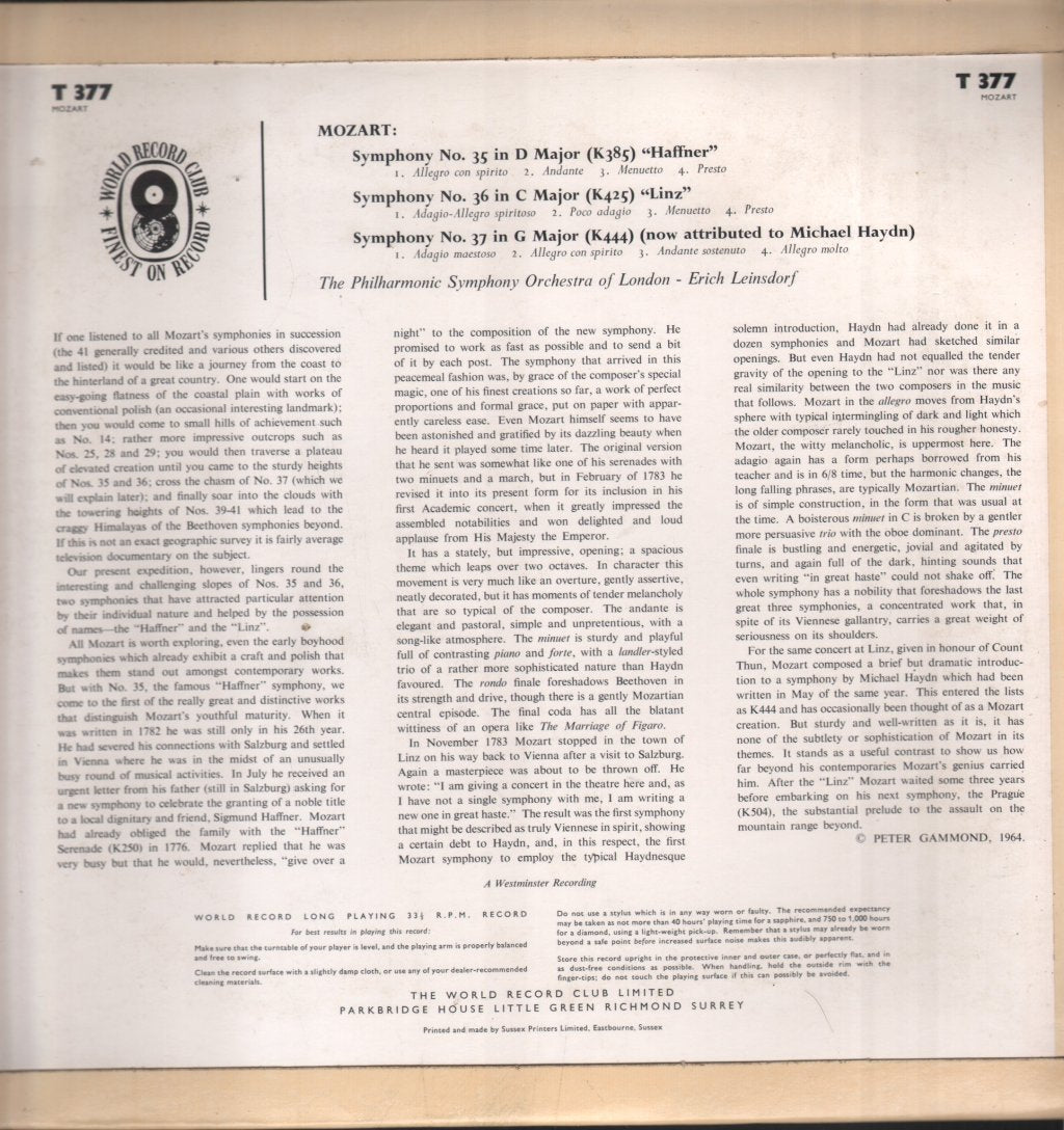 Erich Leinsdorf / London Philharmonic Orchestra - Mozart Symphonies Vol. 10 Nos. 35, 36 & 37 - Lp