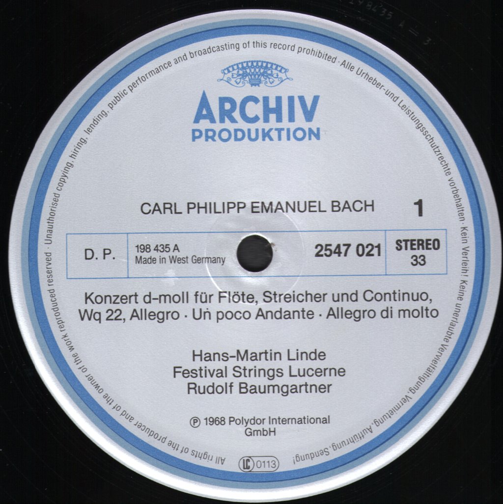 Hans-Martin Linde / Rudolf Baumgartner / Festival Strings Lucerne - Carl Philipp Emanuel Bach - Flötenkonzerte - Lp