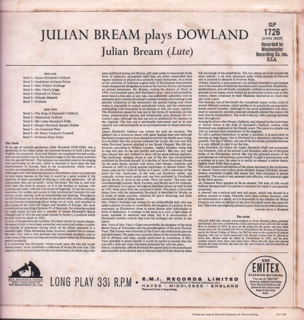 Julian Bream - Plays Dowland - Lp