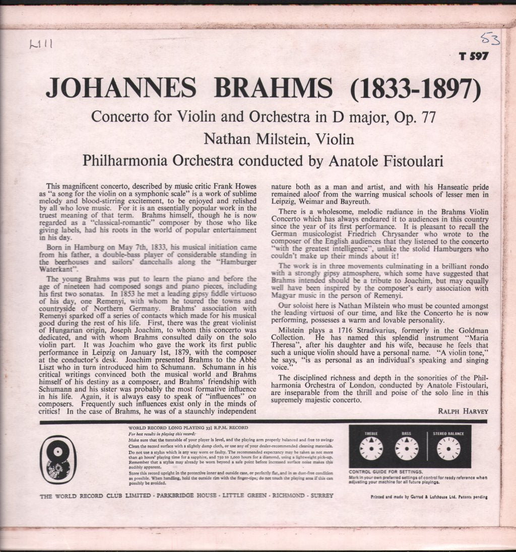 Nathan Milstein / Anatole Fistoulari / Philharmonia - Brahms - Violin Concerto - Lp