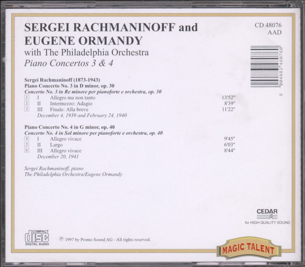 Eugene Ormandy, The Philadelphia Orchestra - Rachmaninoff - Piano Concertos 3 & 4 - Cd