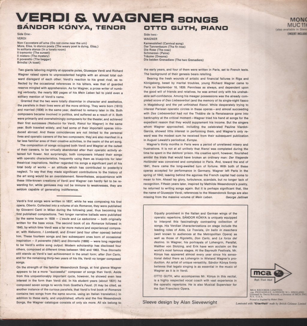 Sandor Konya / Otto Guth - Songs Verdi & Wagner - Lp