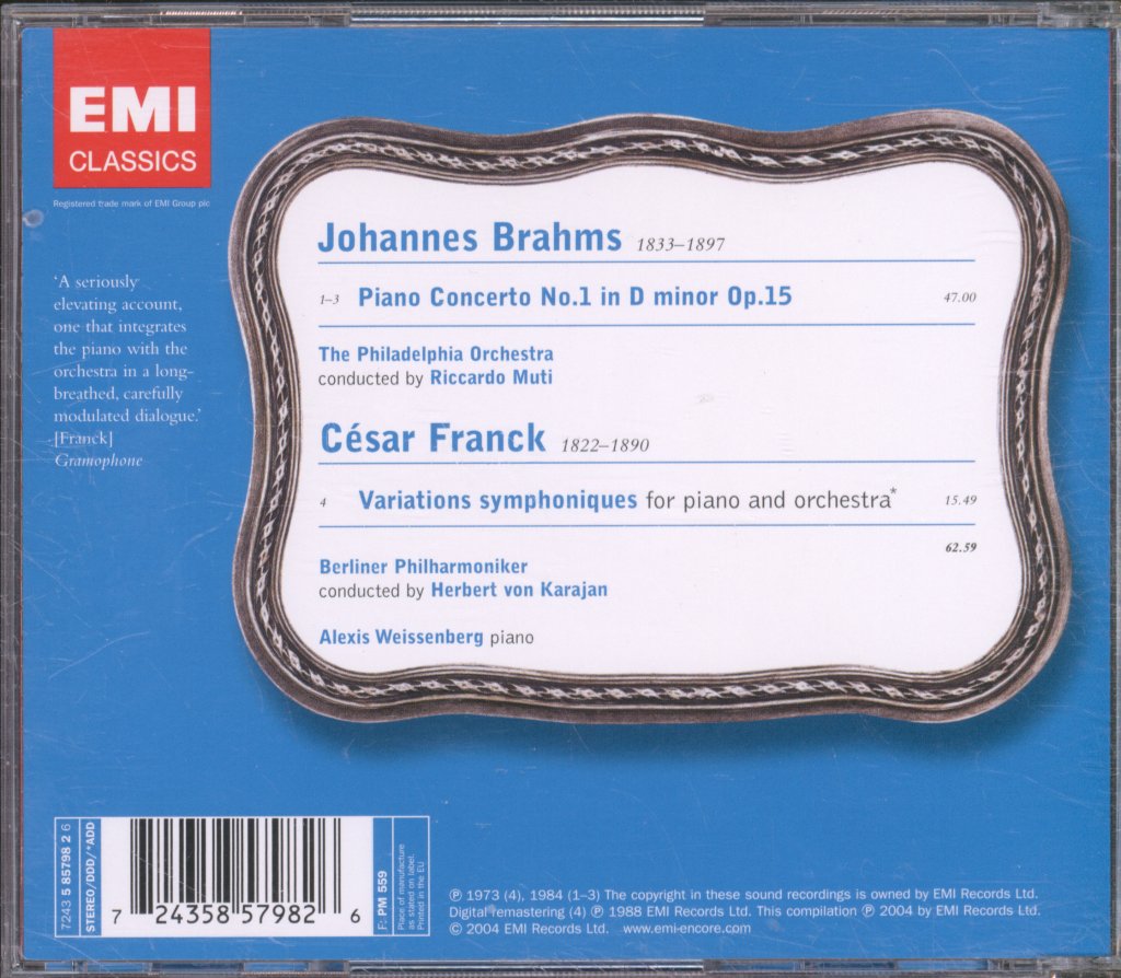 Herbert Von Karajan, Philadelphia Orchestra - Brahms - Piano Concerto No1 / Franck - Variations Symphoniques - Cd