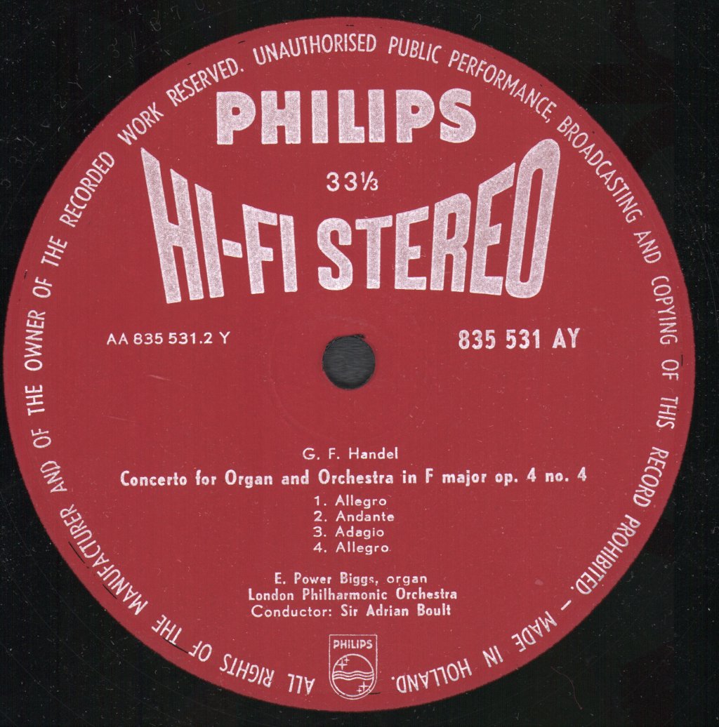 E. Power Biggs / Sir Adrian Boult / London Philharmonic Orchestra - Organ Concertos Of Handel (Op. 4 Nos. 2, 3, 4) - Lp