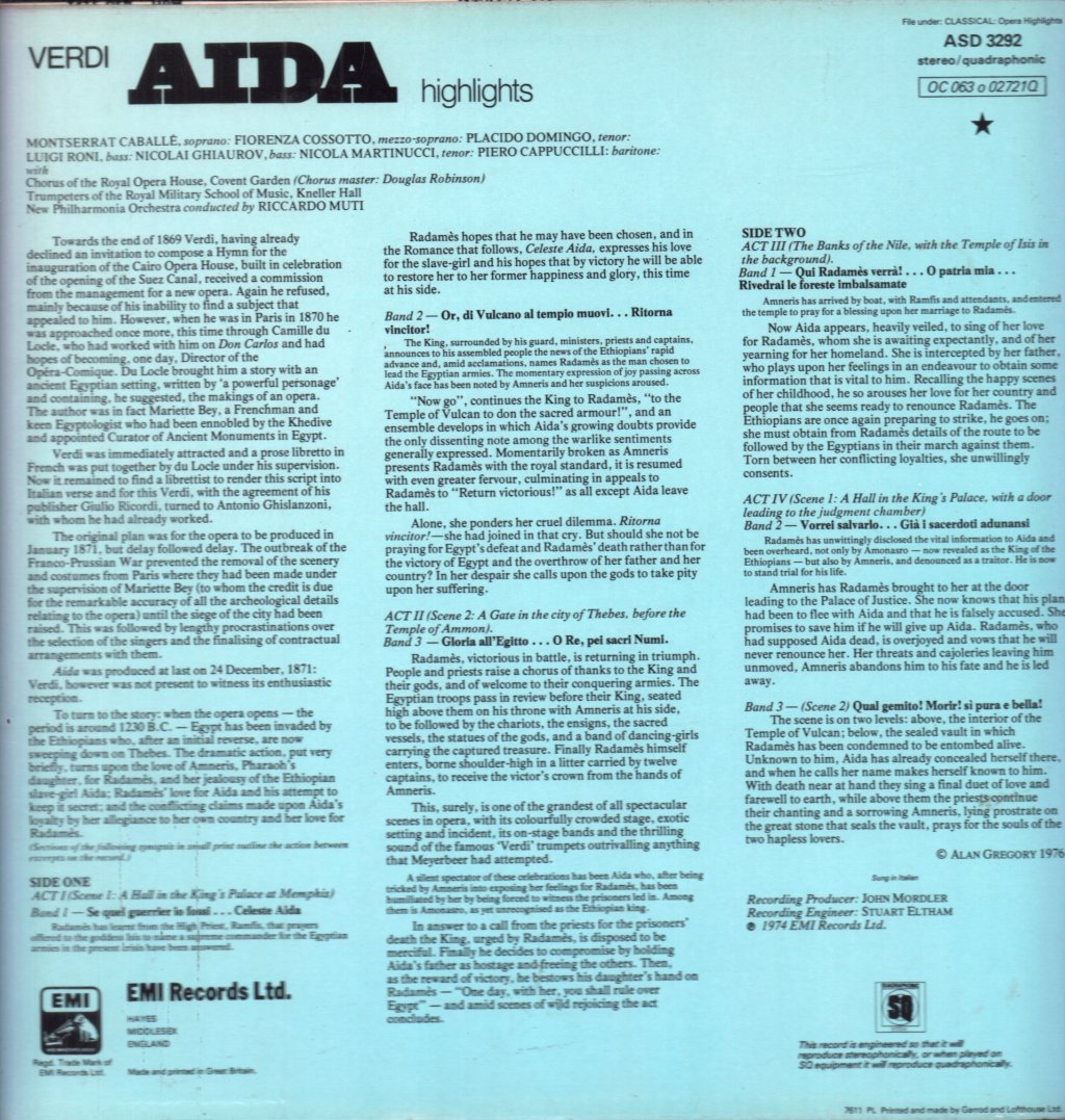 Montserrat Caballe / Placido Domingo / Fiorenza Cossotto / Riccardo Muti - Verdi Aida Highlights - Lp