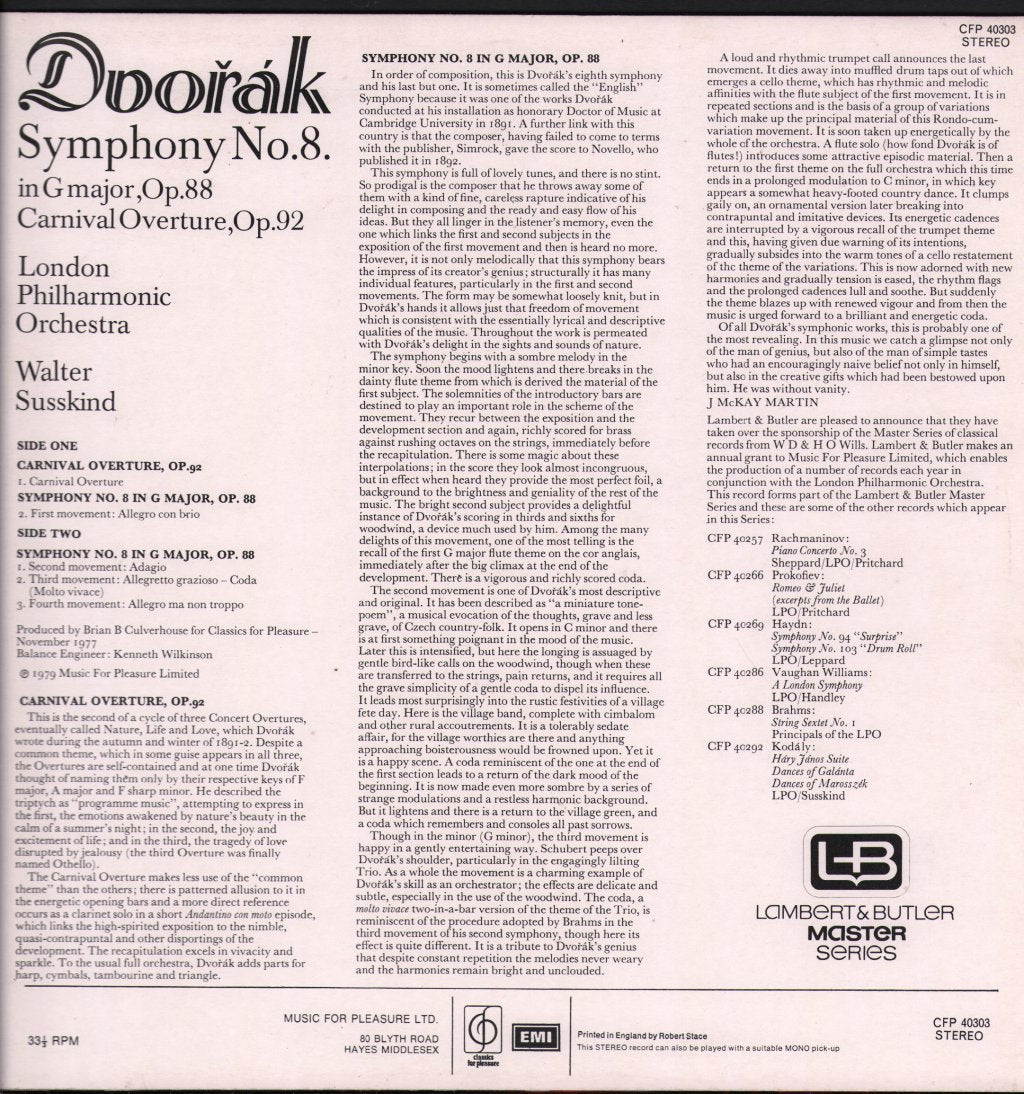 Walter Susskind / London Philharmonic Orchestra - Dvorak - Symphony No.8 In G Major / Carnical Overture - Lp