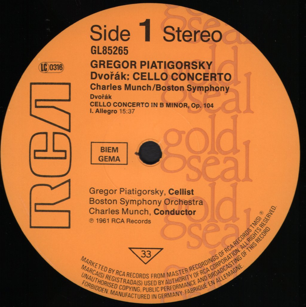 Gregor Piatigorsky / Charles Munch / Boston Symphony Orchestra - Dvorak Cello Concerto - Lp