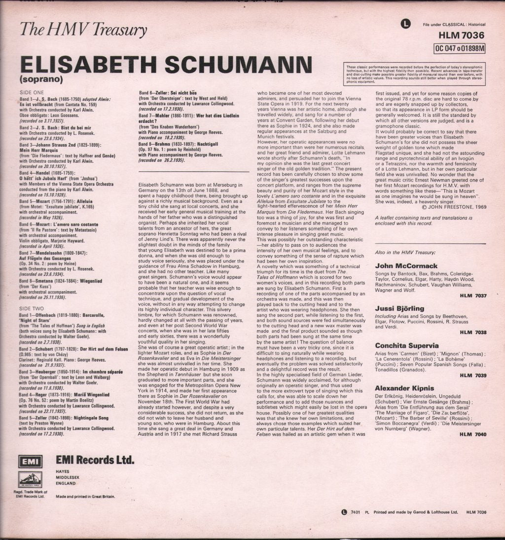 Elisabeth Schumann - Arias & Songs By J.S. Bach · Handel · Mahler · Mozart · Schubert - Lp