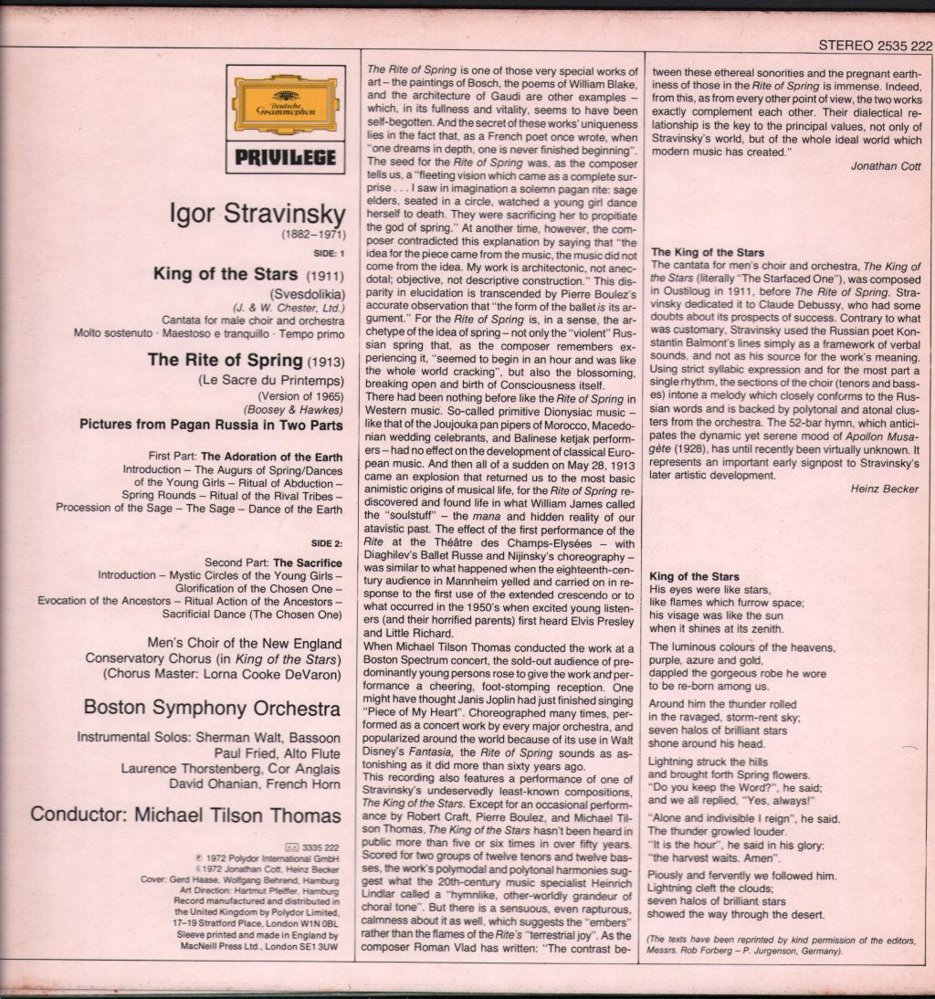 Boston Symphony Orchestra / Michael Tilson Thomas - Stravinsky - Le Sacre Du Printemps / Le Roi Des Etoiles - Lp