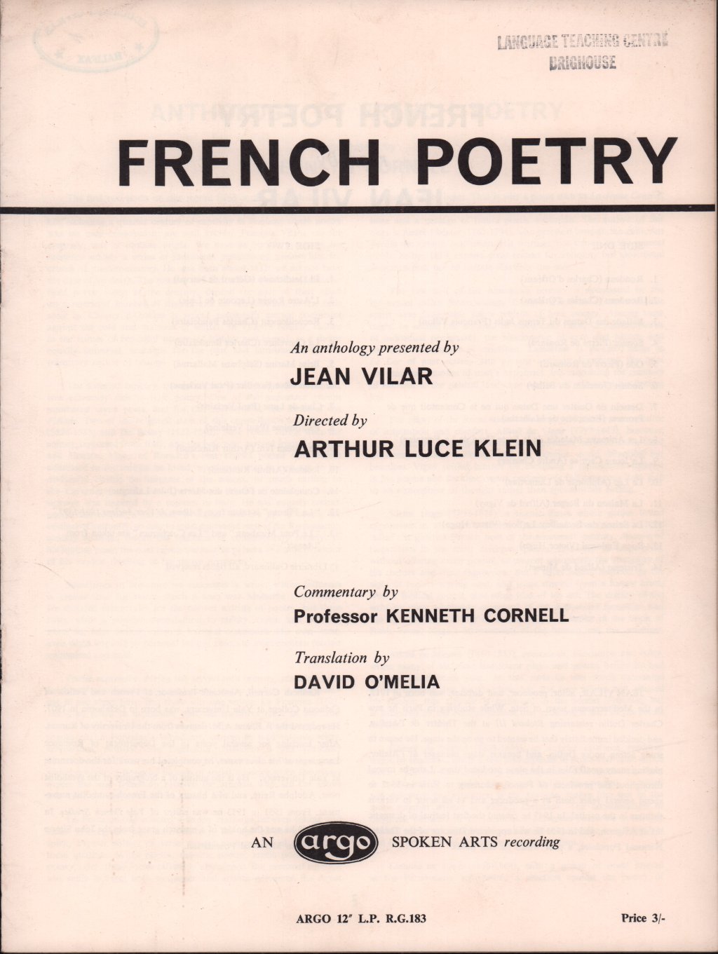 Jean Vilar - French Poetry - Lp